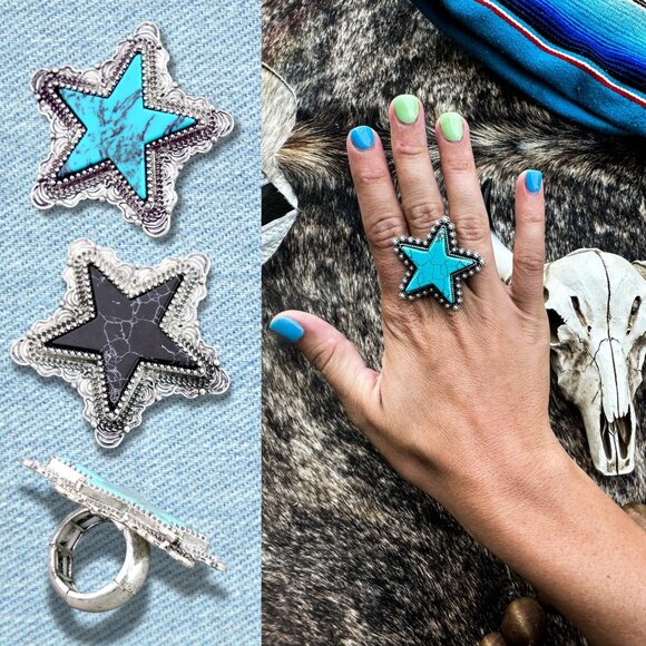 Turquoise White Black STAR Natural Stone Western Boho Style Stretch Ring Silver - Picture 1 of 6